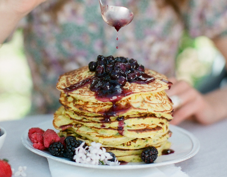 Fresh Corn Pancakes with Blueberry Compote