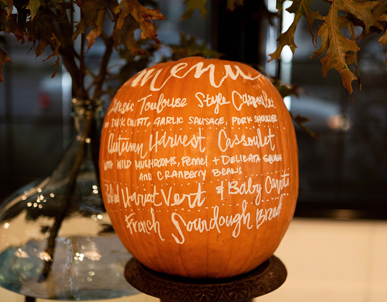 Pumpkin with menu written it | Fall party decor